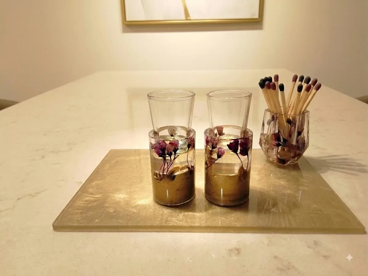 Purple Statice & Gold Resin Candleholder Set